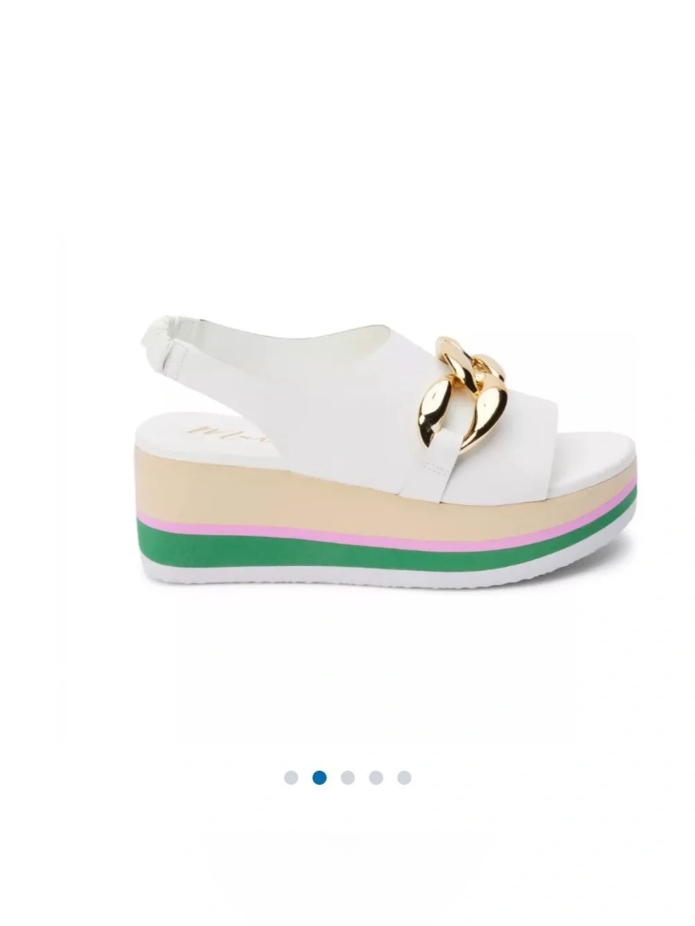 Matisse Natalia White Wedge Sandal with Gold Chain and Multicolor Platform